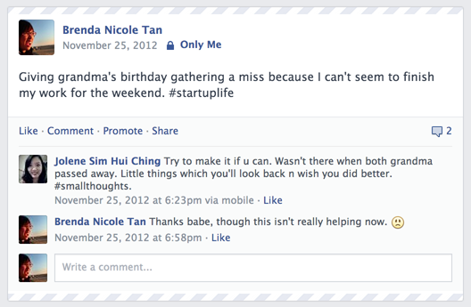 Facebook status on November 25th 2012.